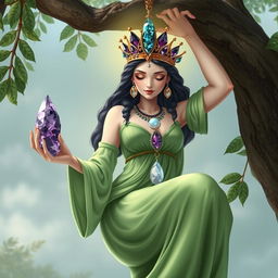 A realistic depiction of the Goddess of Spiritual Insight, gracefully hanging from a tree, dressed in enchanting green attire that signifies growth and renewal