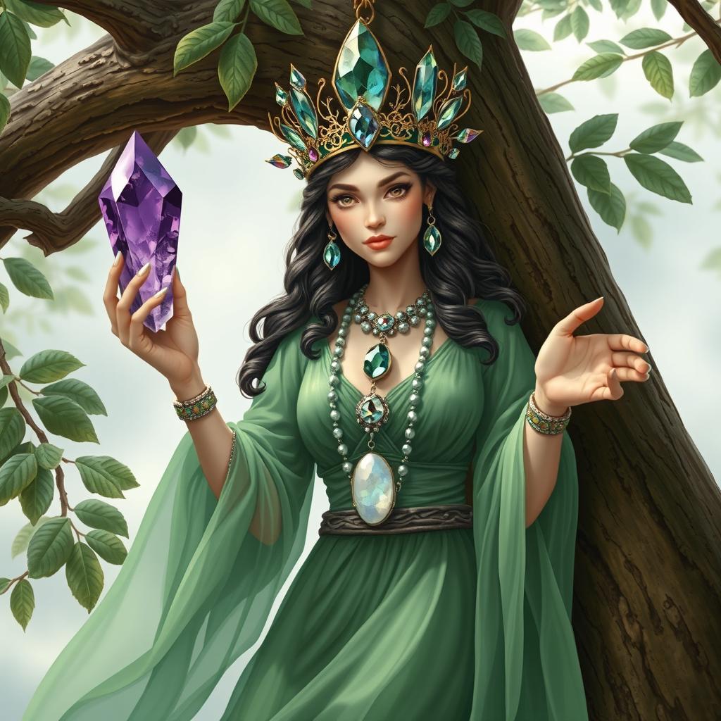 A realistic depiction of the Goddess of Spiritual Insight, gracefully hanging from a tree, dressed in enchanting green attire that signifies growth and renewal