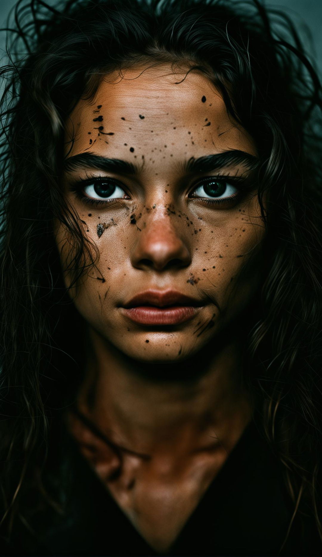 16K resolution color portrait of a beautiful, sad 23-year-old woman with green-hazel eyes and unkempt dark hair, shot in dramatic low light by Yousuf Karsh.