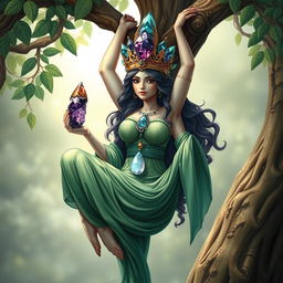 A realistic depiction of the Goddess of Spiritual Insight, hanging upside down from a tree with serene grace, embodying the essence of mystical wisdom