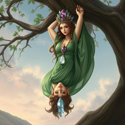 A realistic depiction of the Goddess of Spiritual Insight, hanging upside down from a tree with serene grace, embodying the essence of mystical wisdom