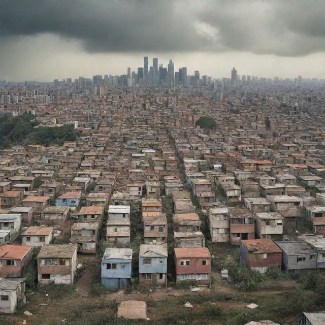 Photomontage showing the stark juxtaposition of a squatter settlement against the backdrop of a bustling urban city, creating a powerful image of contrasting lifestyles in same vicinity.