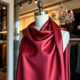 An elegant and luxurious piece of fabric draped over a mannequin in a sophisticated boutique setting