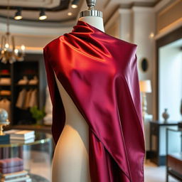 An elegant and luxurious piece of fabric draped over a mannequin in a sophisticated boutique setting