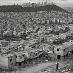 Photomontage showing the stark juxtaposition of a squatter settlement against the backdrop of a bustling urban city, creating a powerful image of contrasting lifestyles in same vicinity.