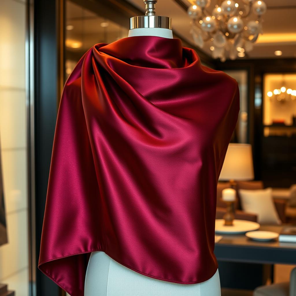 An elegant and luxurious piece of fabric draped over a mannequin in a sophisticated boutique setting