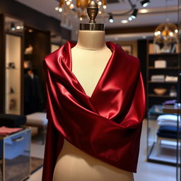 An elegant and luxurious piece of fabric draped over a mannequin in a sophisticated boutique setting