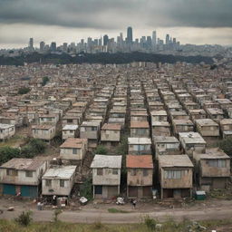 Photomontage showing the stark juxtaposition of a squatter settlement against the backdrop of a bustling urban city, creating a powerful image of contrasting lifestyles in same vicinity.