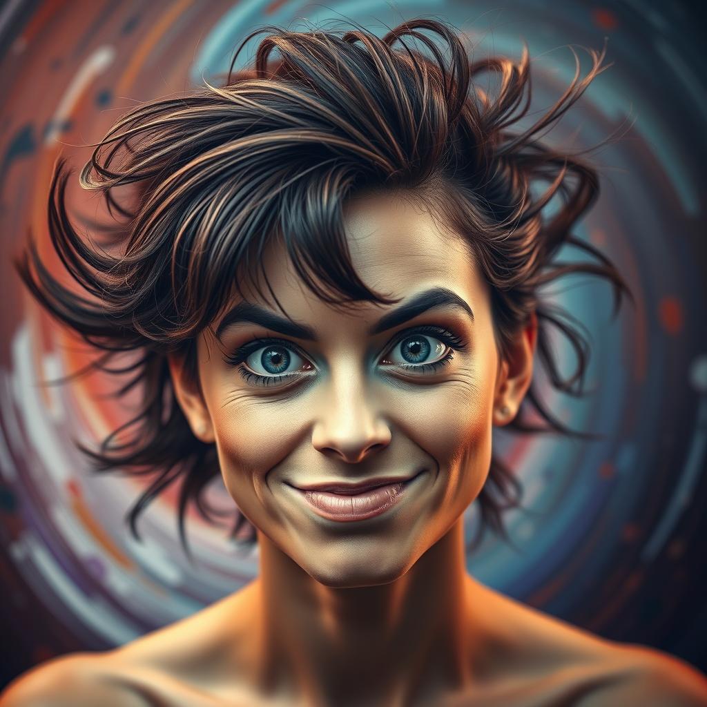 An intense portrait of a woman with wild, expressive eyes and a bold, unrestrained hairstyle