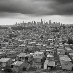 Photomontage showing the stark juxtaposition of a squatter settlement against the backdrop of a bustling urban city, creating a powerful image of contrasting lifestyles in same vicinity.