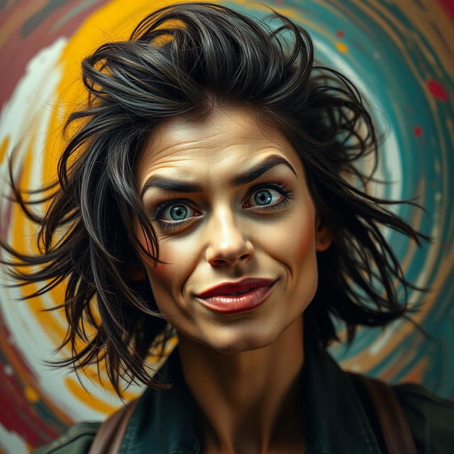 An intense portrait of a woman with wild, expressive eyes and a bold, unrestrained hairstyle