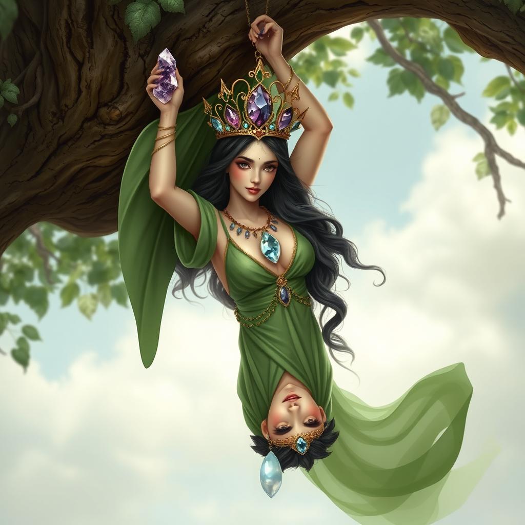 A realistic depiction of the Goddess of Spiritual Insight, hanging upside down from a tree with serene grace, embodying the essence of mystical wisdom