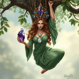 A realistic depiction of the Goddess of Spiritual Insight, hanging upside down from a tree with serene grace, embodying the essence of mystical wisdom