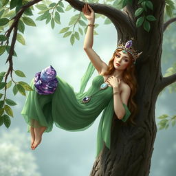 A realistic depiction of the Goddess of Spiritual Insight, hanging upside down from a tree with serene grace