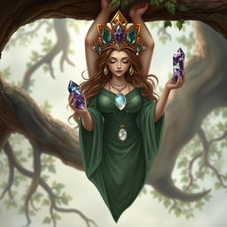 A realistic depiction of the Goddess of Spiritual Insight, hanging upside down from a tree with serene grace