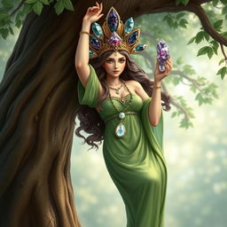 A realistic depiction of the Goddess of Spiritual Insight, hanging upside down from a tree with serene grace