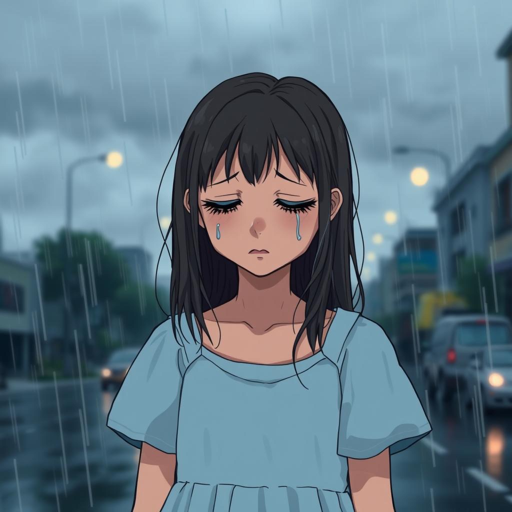 A girl standing alone with tears streaming down her face, looking down with a heartbroken expression