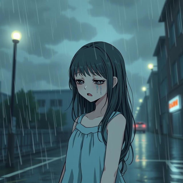 A girl standing alone with tears streaming down her face, looking down with a heartbroken expression