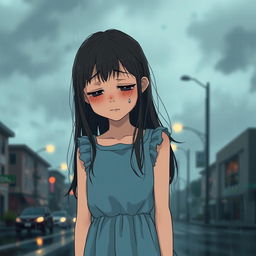 A girl standing alone with tears streaming down her face, looking down with a heartbroken expression