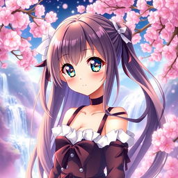 a beautiful anime girl with long silky hair, large sparkling eyes, and a charming smile, wearing a stylish outfit