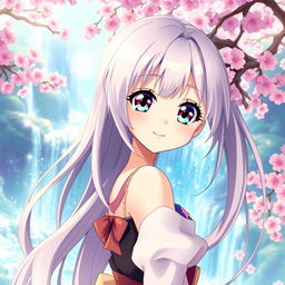 a beautiful anime girl with long silky hair, large sparkling eyes, and a charming smile, wearing a stylish outfit