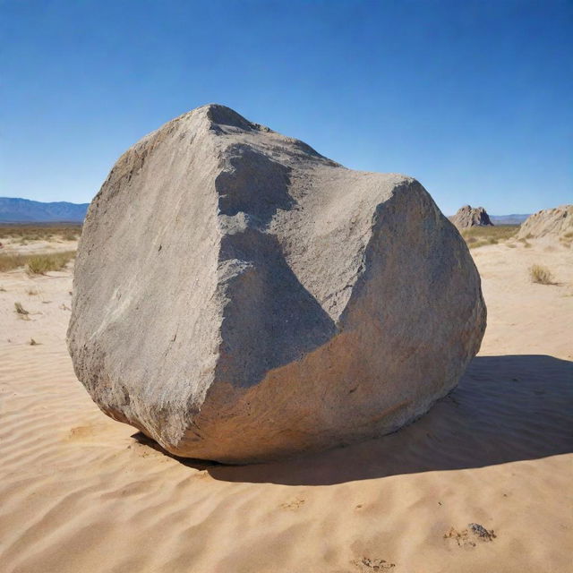 A detailed, realistic image of a rough igneous rock sitting on sandy landscape under a vibrant blue sky.