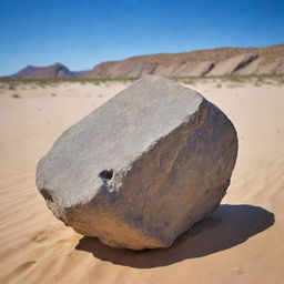 A detailed, realistic image of a rough igneous rock sitting on sandy landscape under a vibrant blue sky.