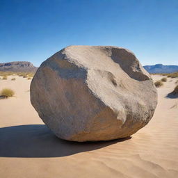 A detailed, realistic image of a rough igneous rock sitting on sandy landscape under a vibrant blue sky.