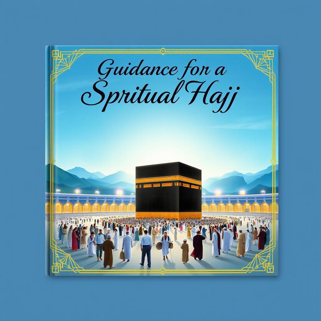 A detailed and beautifully illustrated cover depicting a serene landscape of Mecca, showcasing the Kaaba surrounded by pilgrims in traditional attire during Hajj