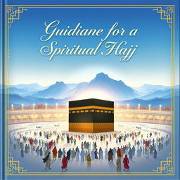 A detailed and beautifully illustrated cover depicting a serene landscape of Mecca, showcasing the Kaaba surrounded by pilgrims in traditional attire during Hajj