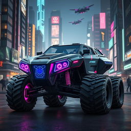 A rugged six-wheeled Tornado Interceptor designed with a cyberpunk aesthetic