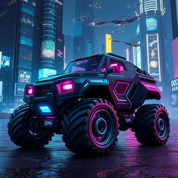 A rugged six-wheeled Tornado Interceptor designed with a cyberpunk aesthetic