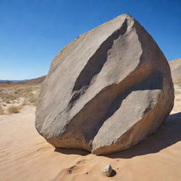 A detailed, realistic image of a rough igneous rock sitting on sandy landscape under a vibrant blue sky.