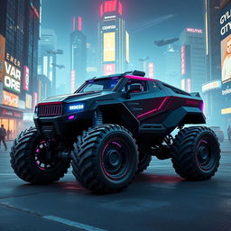 A rugged six-wheeled Tornado Interceptor designed with a cyberpunk aesthetic