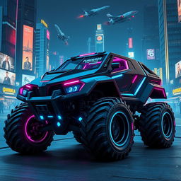 A rugged six-wheeled Tornado Interceptor designed with a cyberpunk aesthetic