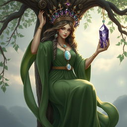 A realistic depiction of the Goddess of Spiritual Insight, hanging gracefully from a tree, embodying the essence of mystical wisdom and tranquility