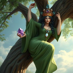 A realistic depiction of the Goddess of Spiritual Insight, hanging gracefully from a tree, embodying the essence of mystical wisdom and tranquility