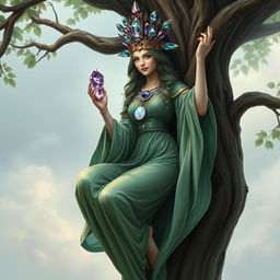 A realistic depiction of the Goddess of Spiritual Insight, hanging gracefully from a tree, embodying the essence of mystical wisdom and tranquility