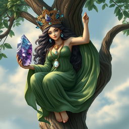 A realistic depiction of the Goddess of Spiritual Insight, hanging gracefully from a tree, embodying the essence of mystical wisdom and tranquility