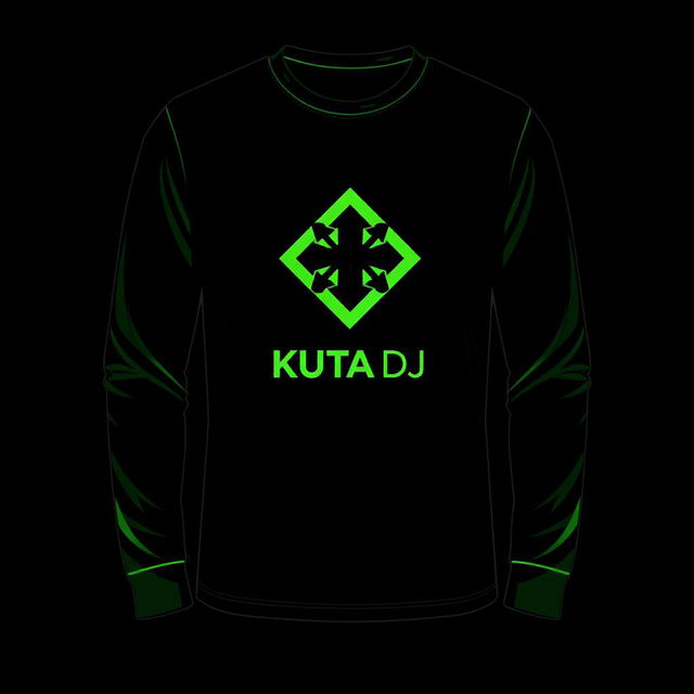 Design a long-sleeve t-shirt featuring the 'KUTA DJ' logo with a green color theme