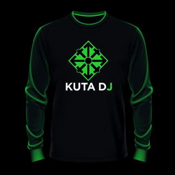 Design a long-sleeve t-shirt featuring the 'KUTA DJ' logo with a green color theme