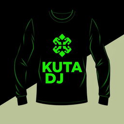 Design a long-sleeve t-shirt featuring the 'KUTA DJ' logo with a green color theme