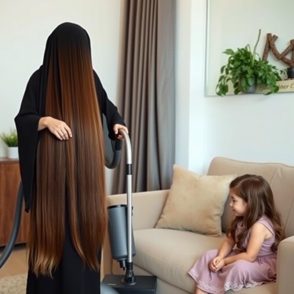 A mother with very long, smooth, and flowing hair, wearing a black abaya, is cleaning the house with a vacuum cleaner