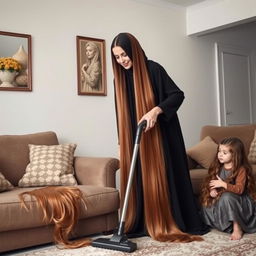 A mother with very long, smooth, and flowing hair, wearing a black abaya, is cleaning the house with a vacuum cleaner