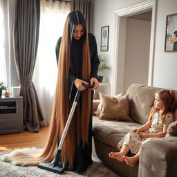 A mother with very long, smooth, and flowing hair, wearing a black abaya, is cleaning the house with a vacuum cleaner