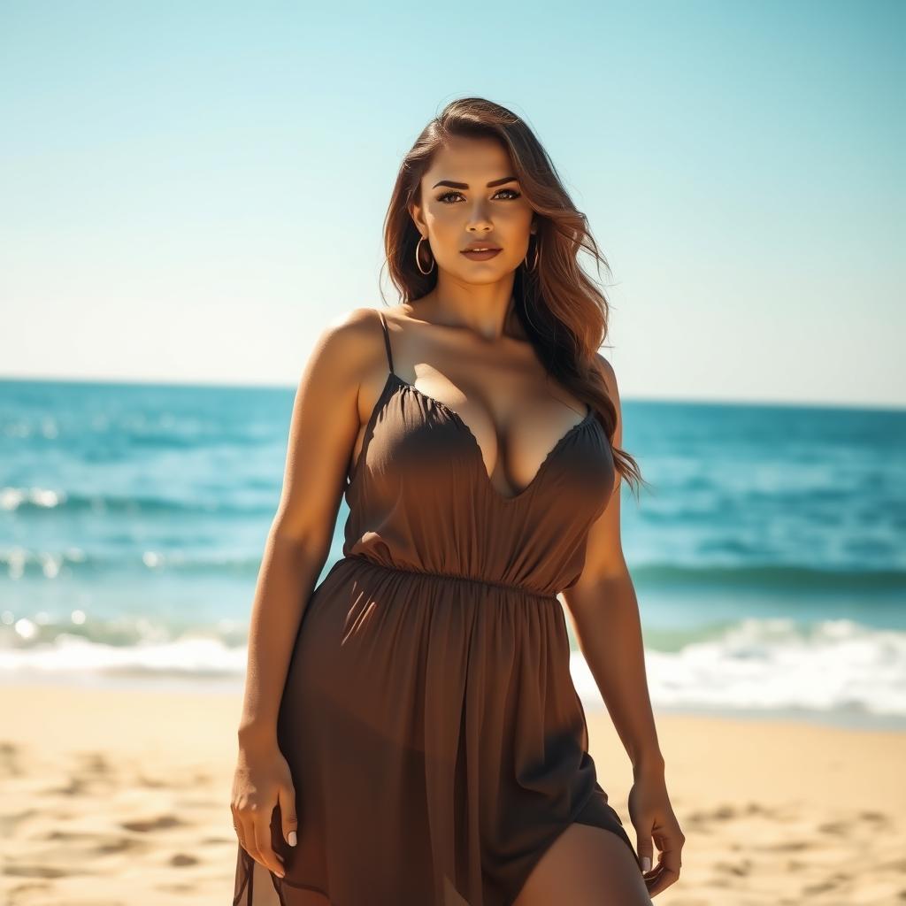 a voluptuous woman in a more revealing babydoll outfit with prominently large covered breasts, standing on a breathtaking beach