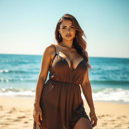 a voluptuous woman in a more revealing babydoll outfit with prominently large covered breasts, standing on a breathtaking beach