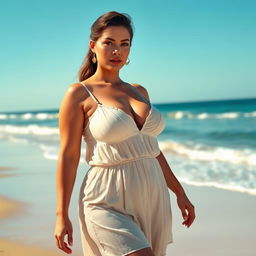 a voluptuous woman in a more revealing babydoll outfit with prominently large covered breasts, standing on a breathtaking beach