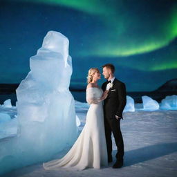 A sophisticated and real wedding venue embellished with an Icelandic theme. The setting features dramatic ice sculptures, Northern lights inspired decorations, and rugged landscapes reminiscent of Iceland's pristine beauty.