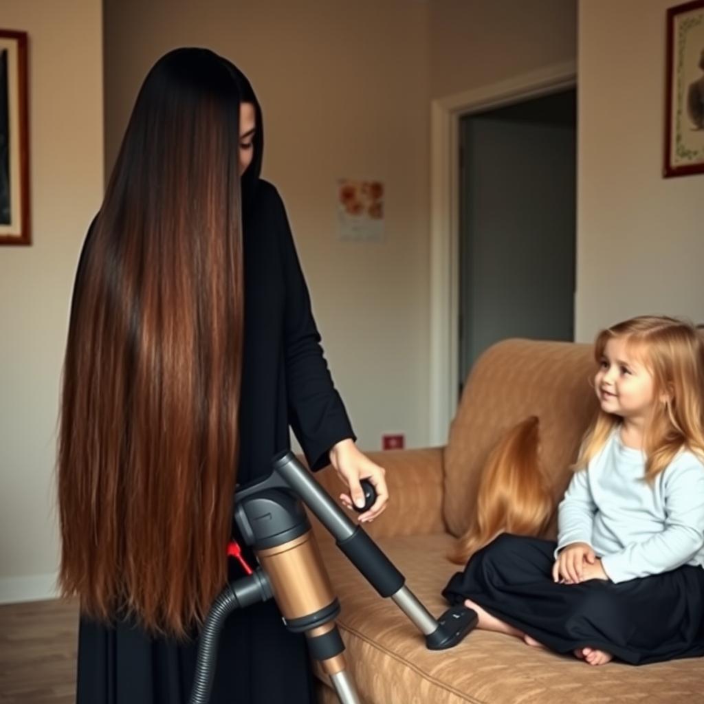 A mother with very long, smooth, flowing hair, wearing a black abaya, cleaning the house with a vacuum cleaner
